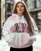 Women's Plus Breast Cancer Awareness Pumpkin Print Long Sleeve Zipper Hoodie